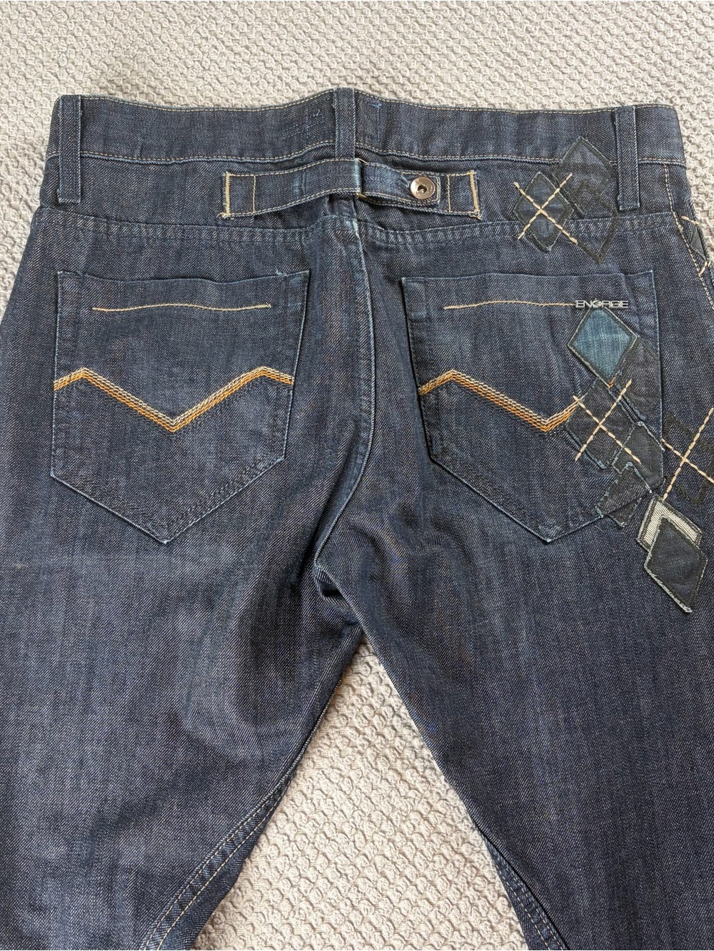 Energie Men’s Dark Blue Denim Jeans with Stitching Buckle back slim selvedge